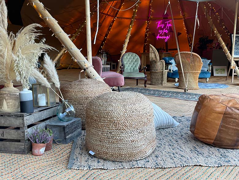 collection dried grass jute pouffes vintage furniture hire