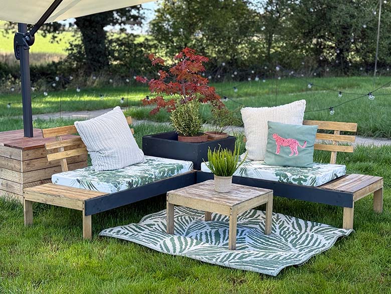 outdoor furniture hire wooden benches luxury cushions